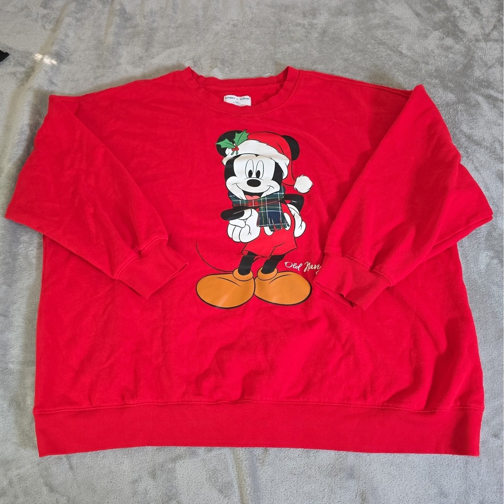 Disney Old Navy Mickey Mouse Christmas Sweatshirt Womens XXL Red Santa Long